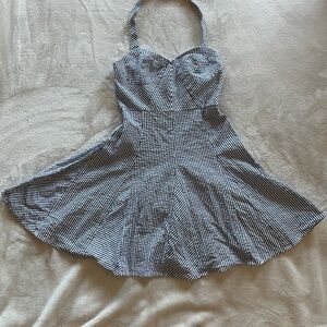 Betsey Johnson Navy Blue and White Seersucker Stripe Dress with Pink Label